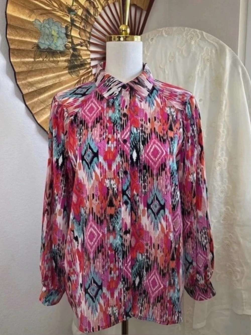 PLEIONE Boho Western Ikat Print Blouse Pink Orange Size M